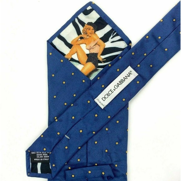 DOLCE & GABBANA Tie Blue Yellow Micro Polka Dots 100% Silk Pin Up Girl Necktie - Picture 9 of 12